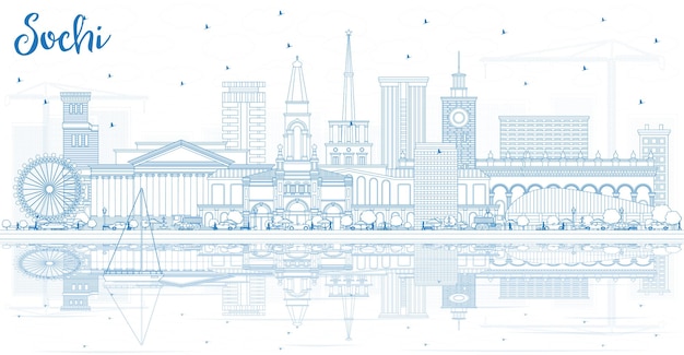 Outline Sochi Russia City Skyline with Blue Buildings and Reflections. Vector Illustration. Business Travel and Tourism Concept with Modern Architecture. Sochi Cityscape with Landmarks.