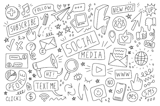 Outline social media doodle Simple draw sketch set