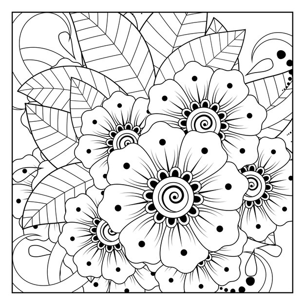 Outline square flower pattern in mehndi style for coloring book page doodle ornament in black and white hand draw illustration