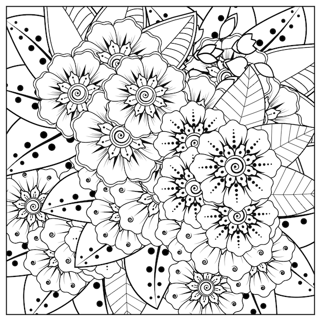 Outline squared, flowers in mehndi style for coloring page doodle ornament in black and white.