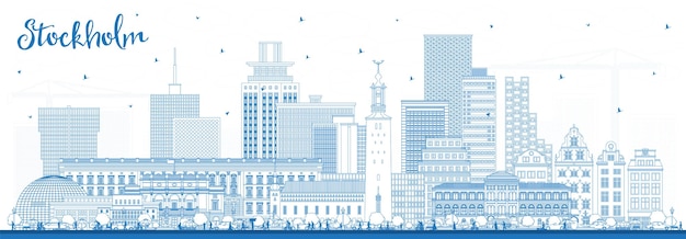 Outline Stockholm Sweden city skyline with blue buildings Stockholm cityscape with landmarks Business travel and tourism concept with modern and historic architecture