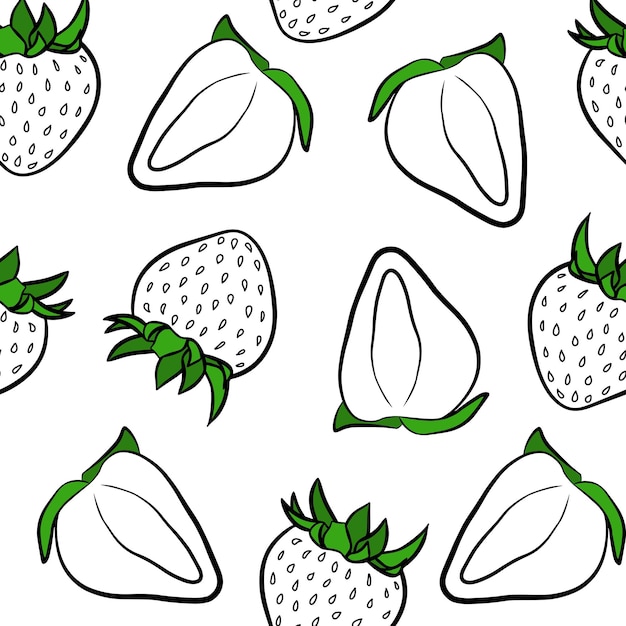 Outline strawberry seamless pattern isolated on white background Doodle vector fabric print template with berries Hand drawn fruit juice package design