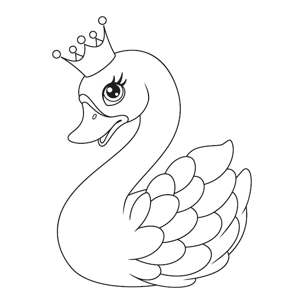 Outline Swan Princess with crown coloring page Cartoon vector illustration