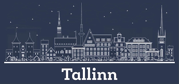 Outline Tallinn Estonia City Skyline with White Buildings. Vector Illustration. Business Travel and Concept with Historic Architecture. Tallinn Cityscape with Landmarks.