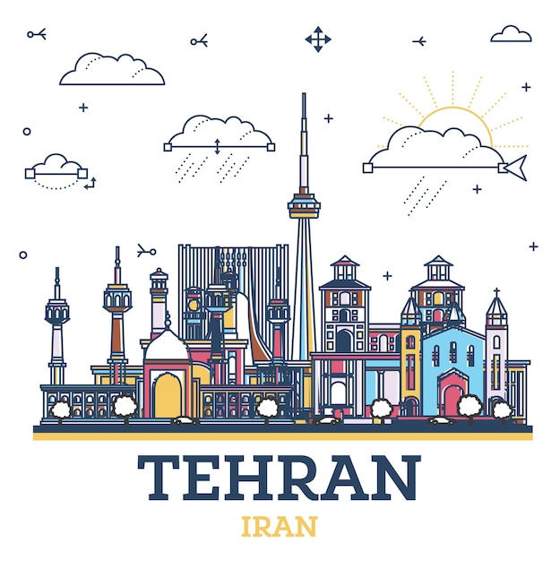 Outline Tehran Iran City Skyline with Colored Historic Buildings Isolated on White Teheran Persia Cityscape with Landmarks