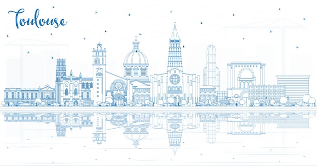 Outline Toulouse France City Skyline with Blue Buildings and Reflections. Vector Illustration. Business Travel and Concept with Historic Architecture. Toulouse Cityscape with Landmarks.