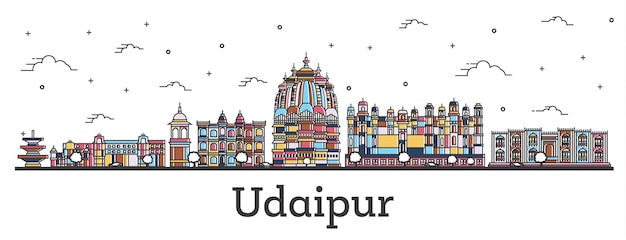 Outline Udaipur India City Skyline with Color Buildings Isolated on White. Vector Illustration. Udaipur Cityscape with Landmarks.