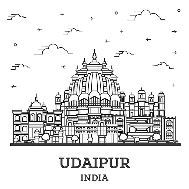 Outline Udaipur India City Skyline with Historical Buildings Isolated on White