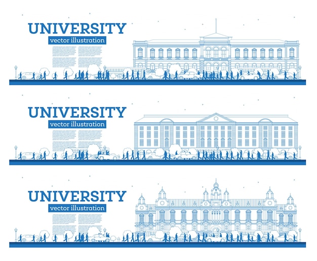 Outline University Campus Set Study Banners Vector Illustration Students Go to the Main Building of University