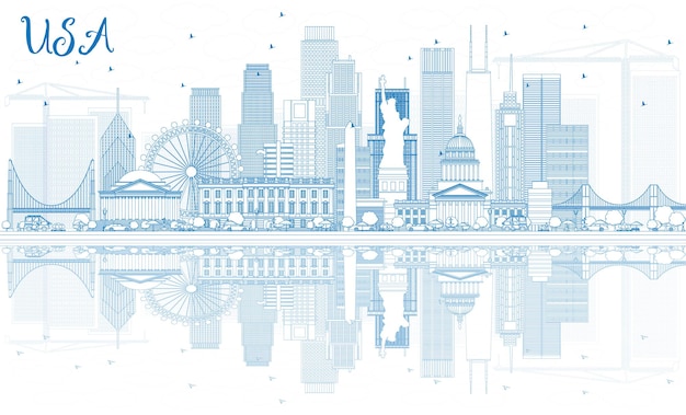 Outline USA Skyline with Blue Skyscrapers and Landmarks. Vector Illustration. Business Travel and Tourism Concept with Modern Architecture. Image for Presentation Banner Placard and Web Site.