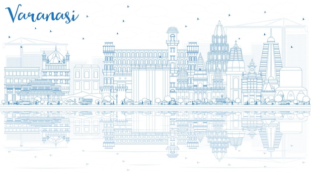 Outline Varanasi India Skyline with Blue Buildings and Reflections. Vector Illustration. Business Travel and Tourism Concept with Historic Architecture.