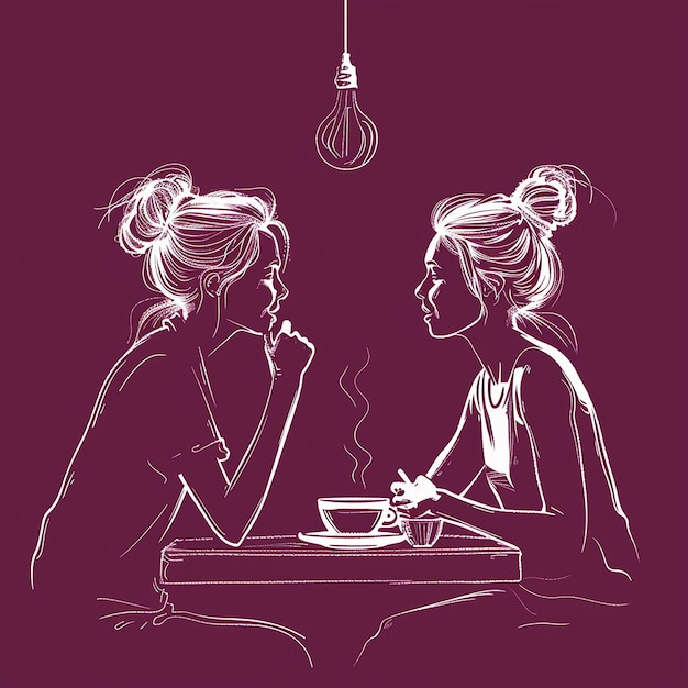 outline vector drawing of two friends discussing in a coffee place