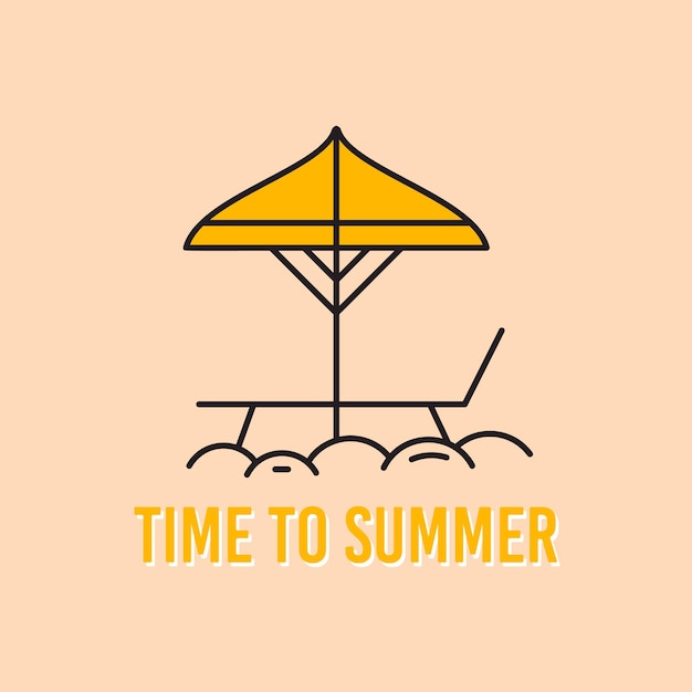 Outline vector t shirt design template with beach umbrella and chair and Time To Summer lettering on yellow background