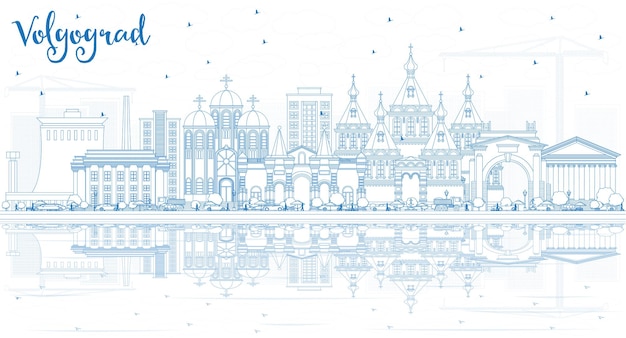 Outline Volgograd Russia City Skyline with Blue Buildings and Reflections. Vector Illustration. Business Travel and Tourism Concept with Historic Architecture. Volgograd Cityscape with Landmarks.