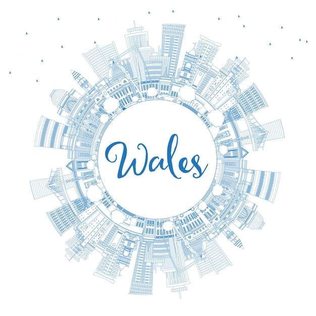 Outline Wales City Skyline with Blue Buildings and Copy Space Concept with Historic Architecture Wales Cityscape with Landmarks