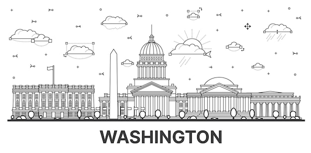 Outline Washington DC City Skyline with Historic Buildings and Reflections Isolated on White Vector Illustration