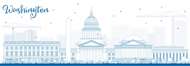 Outline Washington DC Skyline with Blue Buildings. Business Travel and Tourism Concept with Historic Buildings. Image for Presentation Banner Placard and Web Site.