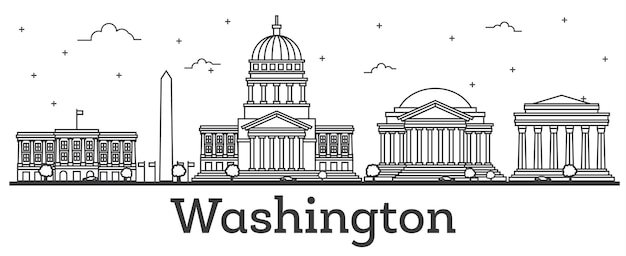 Outline Washington DC USA City Skyline with Modern Buildings Isolated on White. Illustration. Washington DC Cityscape with Landmarks.