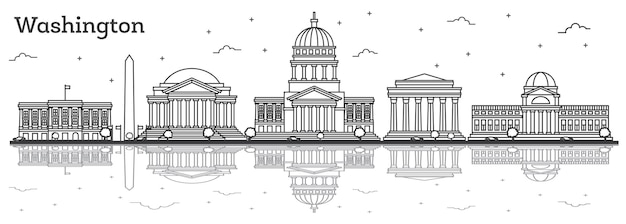 Outline Washington DC USA City Skyline with Modern Buildings and Reflections Isolated on White. Vector Illustration. Washington DC Cityscape with Landmarks.