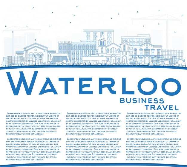 Outline Waterloo Iowa Skyline with Blue Buildings and Copy Space. Vector Illustration. Business Travel and Tourism Illustration with Historic Architecture.