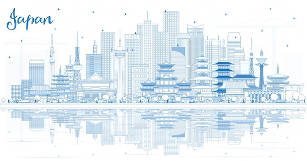 Outline Welcome to Japan Skyline with Blue Buildings and Reflections. Illustration. Tourism Concept with Historic Architecture. Cityscape with Landmarks. Tokyo. Osaka