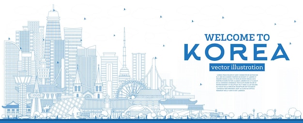 Outline Welcome to South Korea City Skyline with Blue Buildings