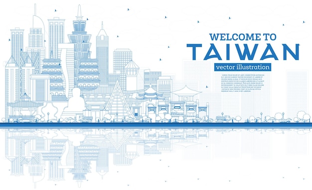 Outline Welcome to Taiwan City Skyline with Blue Buildings and Reflections