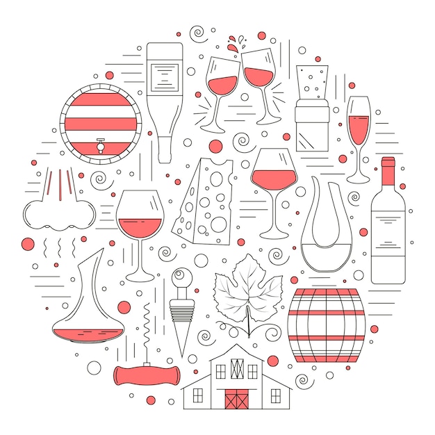 Outline wine design icon set in a circle. Wine icon collection including wine glass, bottle, barrel