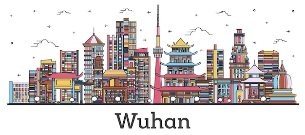 Outline Wuhan China City Skyline with Color Buildings Isolated on White Vector Illustration Wuhan Cityscape with Landmarks