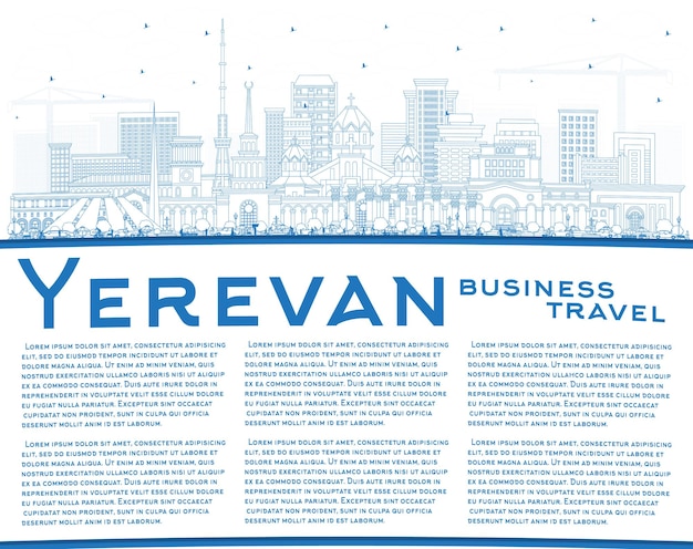 Outline Yerevan Armenia City Skyline with Blue Buildings and Copy Space