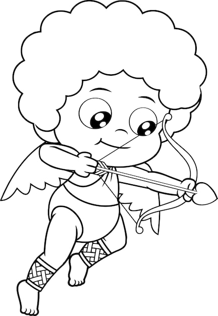 Outlined Baby Cupid Cartoon Character Shooting Heart Arrows.  Illustration Isolated On Transparent Background