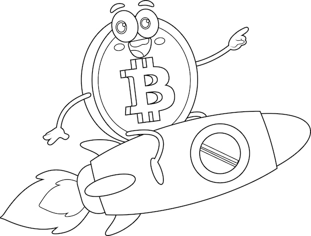 Outlined Bitcoin Cartoon Character Flying On The Rocket And Pointing