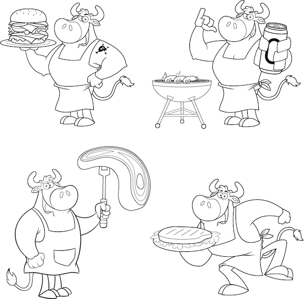 Outlined Bull Cartoon Mascot Character Different Poses. Vector Hand Drawn Collection Set