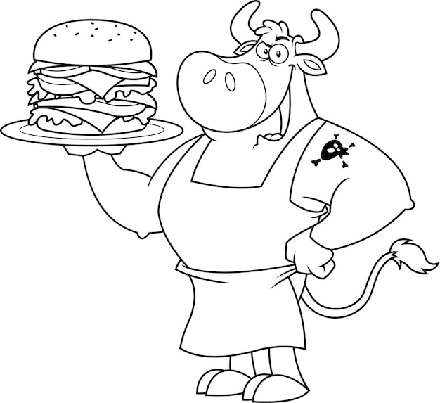 Outlined Bull Chef Cartoon Mascot Character Holding A Double Hamburger Or Cheeseburger