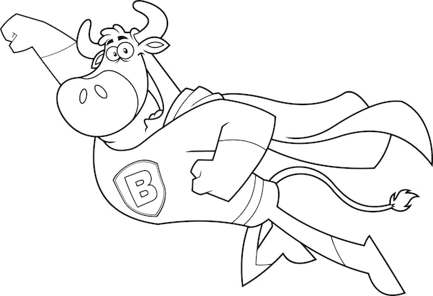 Outlined Bull Super Hero Cartoon Character Flying To The Rescue Vector Hand Drawn Illustration