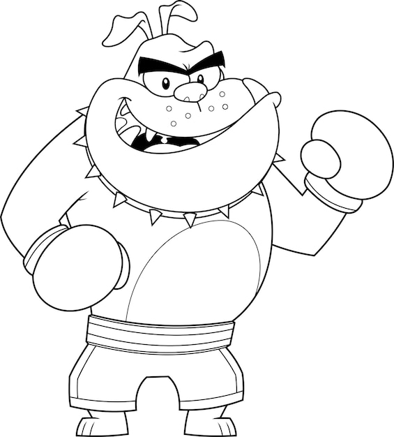 Outlined Bulldog Cartoon Character Boxer Ready To Fight. Vector Hand Drawn Illustration