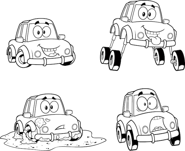 Outlined Car Cartoon Character Poses Vector Hand Drawn Collection Set Isolated On White Background