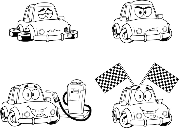 Outlined Car Cartoon Character Poses Vector Hand Drawn Collection Set Isolated On White Background