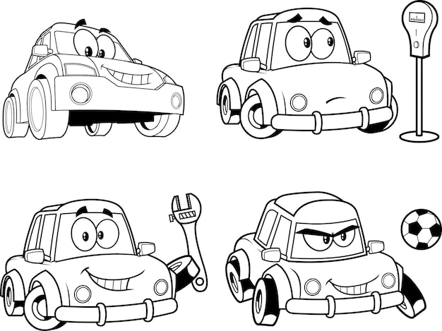 Outlined Car Cartoon Character Poses Vector Hand Drawn Collection Set