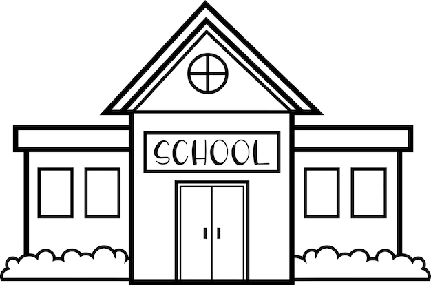 Outlined Cartoon School Building. Vector Hand Drawn Illustration Isolated On Transparent Background