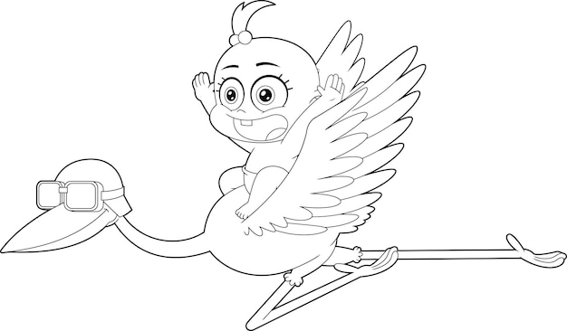 Outlined Cute Baby Boy Flying On Top Of A Stork Cartoon Characters. Vector Hand Drawn Illustration