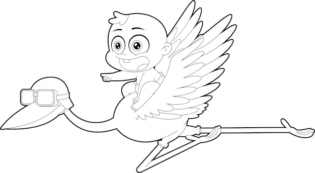 Outlined Cute Baby Boy Flying On Top Of A Stork Cartoon Characters