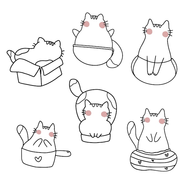 Outlined cute cats cartoon set Fluffy kitties on different sit style