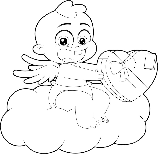 Outlined Cute Cupid Baby Cartoon Character On Cloud Holds Heart Gift Box