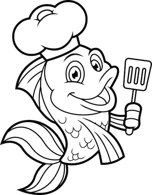 Outlined Cute Fish Chef Cartoon Character Holding A Slotted Spatula. Vector Hand Drawn Illustration