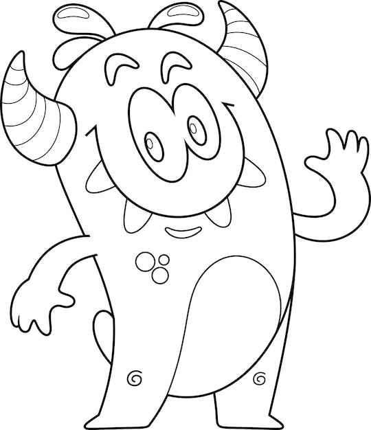 Outlined Cute Monster Cartoon Character Waving For Greeting Vector Hand Drawn Illustration