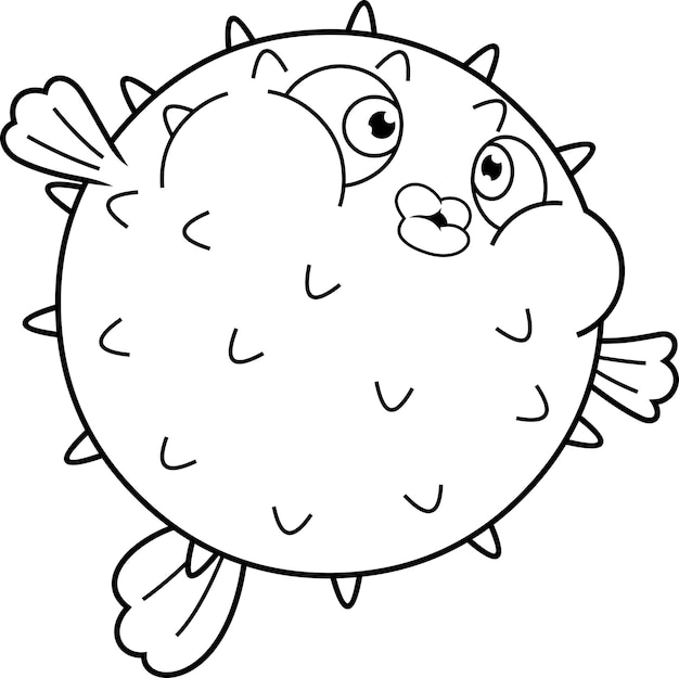 Outlined Cute Puffer Fish Cartoon Character. Vector Hand Drawn Illustration