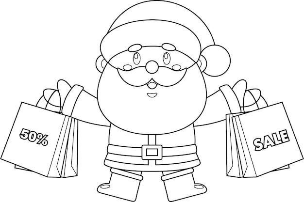 Vector outlined cute santa claus cartoon character carrying shopping bags