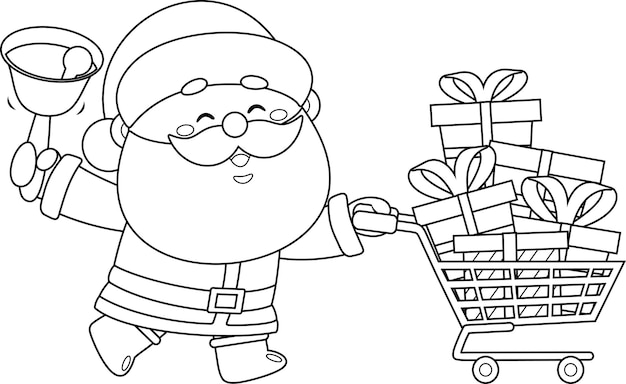 Vector outlined cute santa claus cartoon character pushing shopping cart full of gifts