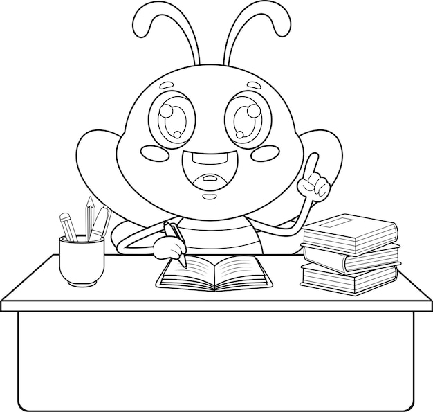 Outlined Cute School Bee Cartoon Character Sitting At A Desk And Writing In A Notebook